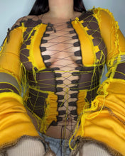 Load image into Gallery viewer, BROWN &amp; YELLOW LACE UP TOP
